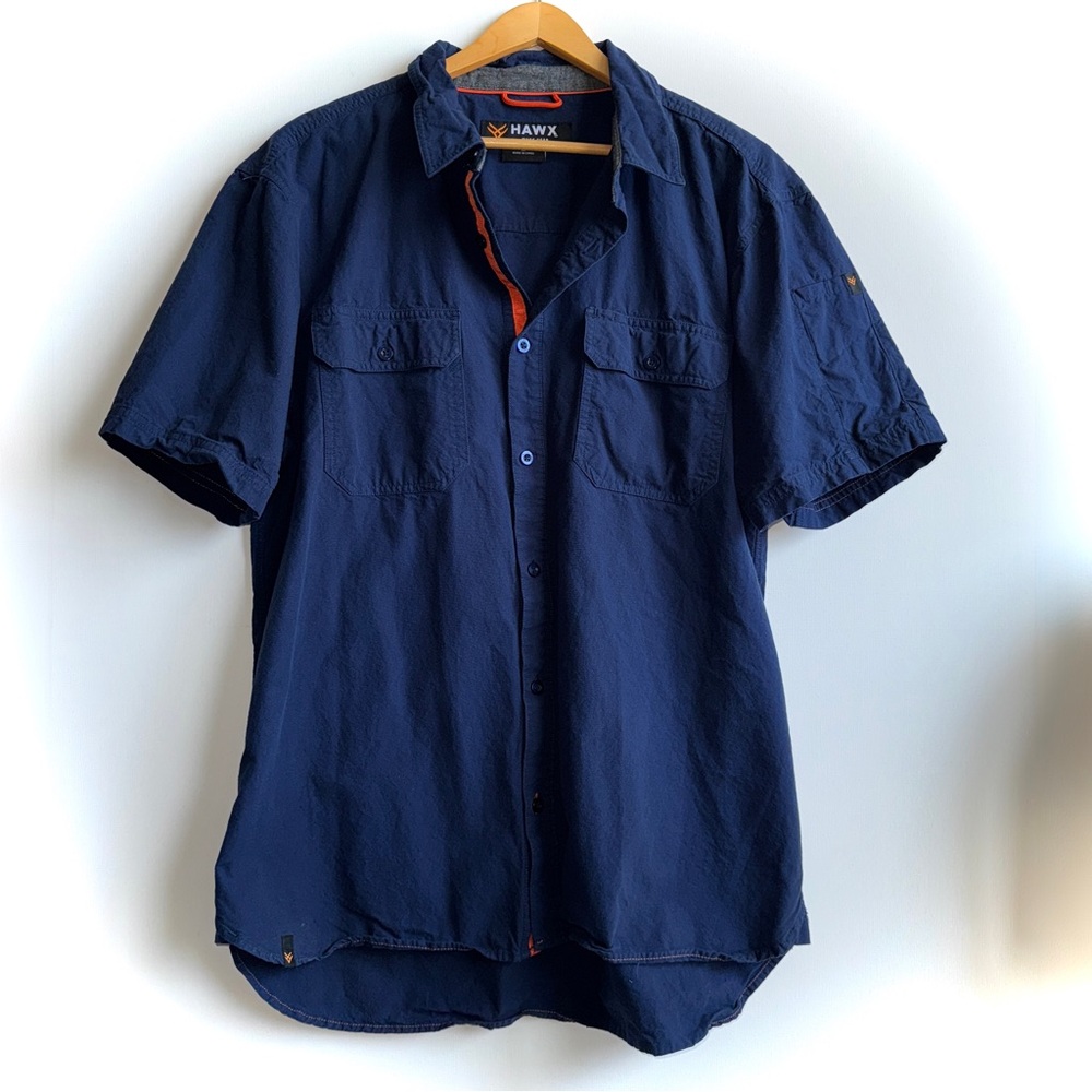 Hawx Short Sleeve Button Down Work Shirt Navy Blue Cotton Utility Men’s Medium